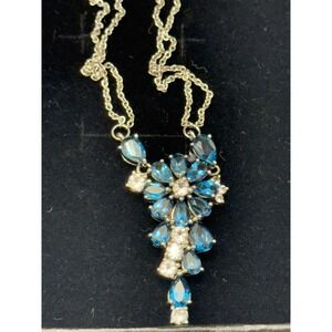 Sterling Rhodium Plated Lab Created Blue Spinel CZ  Double Strand Necklace